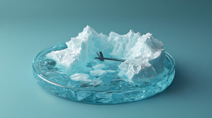 Conceptual image of a melting iceberg inside a glass clock, representing the urgency of climate change