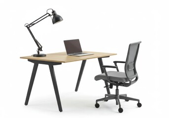 Desk with laptop lamp and chair isolated on white background