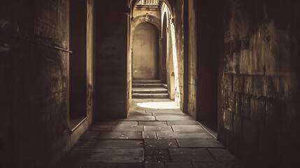 Obraz premium Ancient Stone Alleyway With Sunlight And Shadows Showing Architectural Details