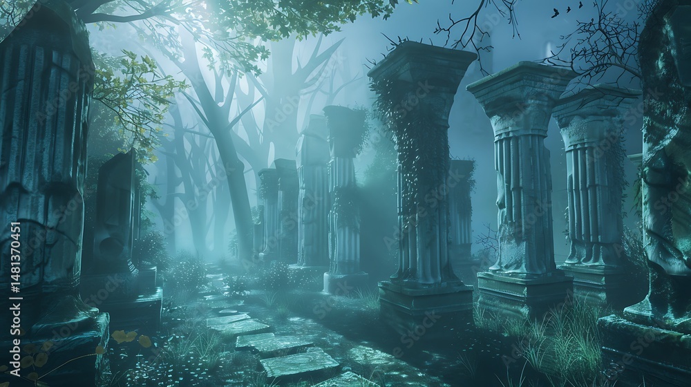 Poster ancient stone columns in mystical forest with dense fog and atmospheric lighting