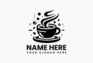 Simple black and white illustration of a steaming coffee cup with coffee bean and leaves vector logo. Beverage concept