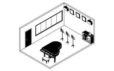 Naklejka premium Simple and cute isometric line drawing illustration of a school music room with a grand piano and music stands