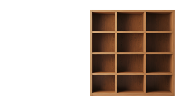 An empty wooden bookshelf stands against a black backdrop, inviting organization and storage.