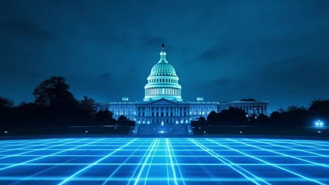 A hologram of the White House hovered in the air, glowing with crisp details and vibrant light.

