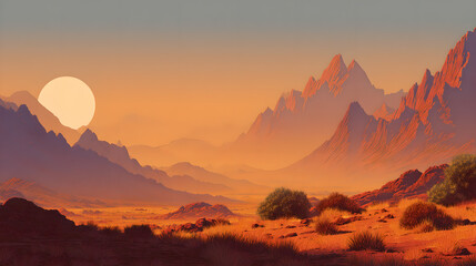 Fototapeta premium Serene Desert Sunset with Majestic Mountains and Clear Sky