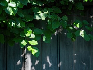 Green leaves on weathered wooden fence
