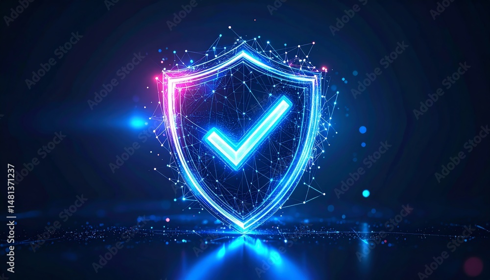 Poster a glowing digital shield with a checkmark symbolizes security and protection through technology and 