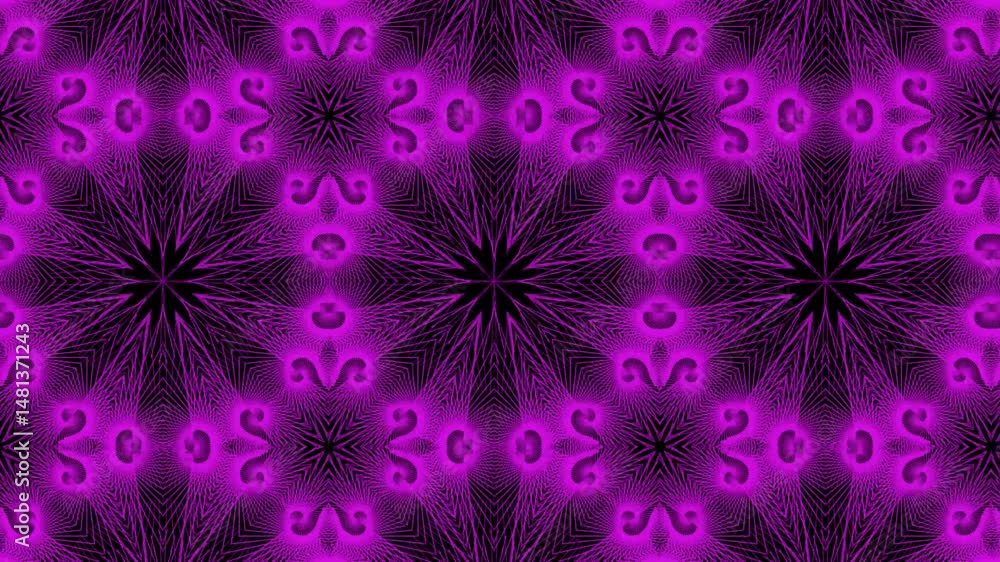 Poster abstract geometric kaleidoscope pattern with animated neon purple lines on black background for mode