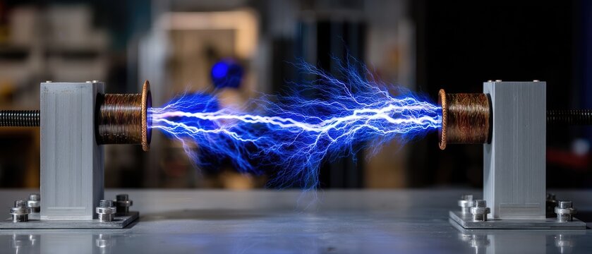 Two metal coils generate a vivid blue electrical arc, illustrating high-voltage electricity in a lab setting.