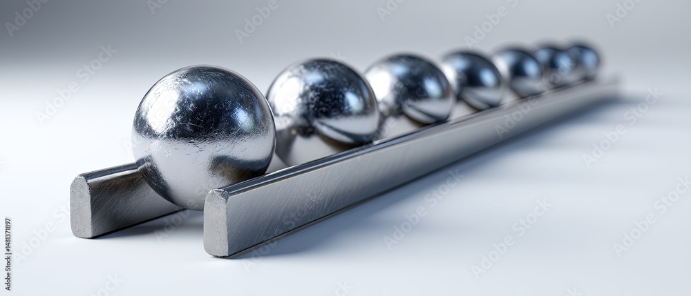 Poster shiny metallic spheres are perfectly aligned in a row on parallel steel rails, creating a sleek, mod