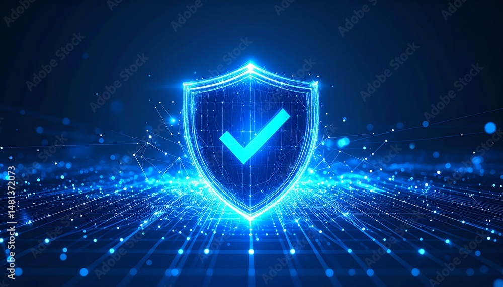 Poster a glowing shield symbolizing security and protection, set against a digital background with connecte