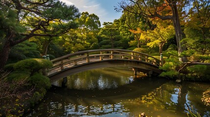 Arched Wooden Bridge Over Reflective Water In A Japanese Garden Sunlight Through Trees
