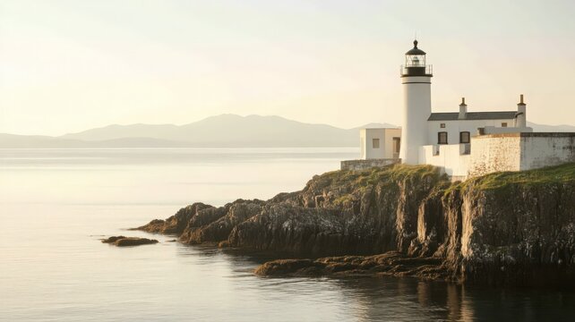 Coastal Lighthouse at Sunset with Ocean Reflection