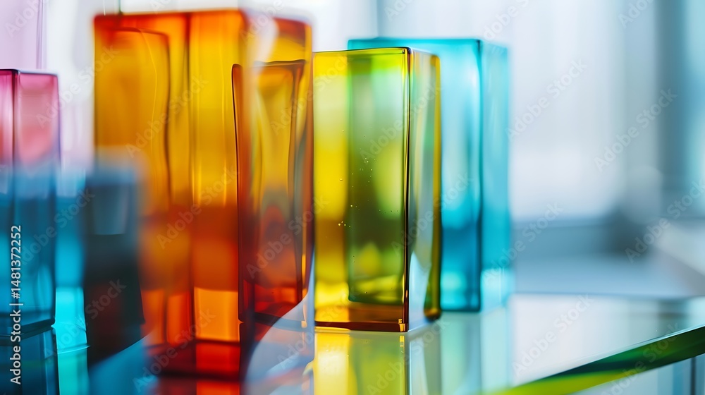 Poster arrangement of translucent colorful glass blocks displaying bright refraction against window