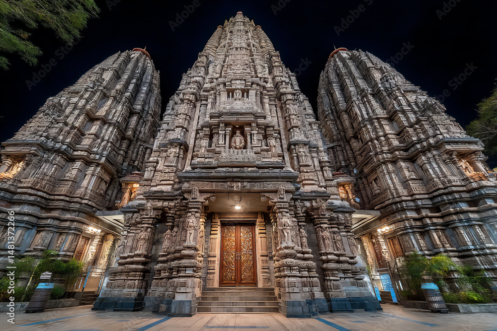Poster atmospheric photograph of light projections creating traditional indian patterns on the facade of a 