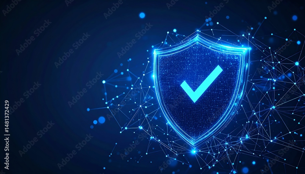 Poster a glowing blue shield with a check mark, symbolizing security and trust in a digital context, surrou