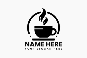 Simple black and white illustration of a steaming coffee cup with coffee bean and leaves vector logo. Beverage concept