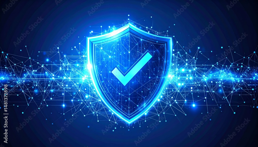 Poster a glowing shield symbol with a checkmark, surrounded by a network of bright blue lines, representing