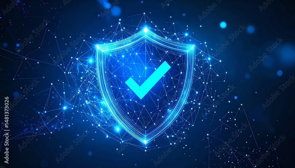 Poster digital shield with a checkmark, representing security and protection in a futuristic design, surrou