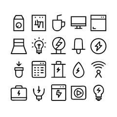 Energy saving and efficiency editable stroke outline icons set isolated on white background flat vector illustration. Alternative energy sources vector linear icons set. Ecology renewable energy .