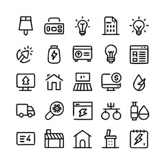 Energy saving and efficiency editable stroke outline icons set isolated on white background flat vector illustration. Alternative energy sources vector linear icons set. Ecology renewable energy .