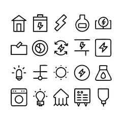 Energy saving and efficiency editable stroke outline icons set isolated on white background flat vector illustration. Alternative energy sources vector linear icons set. Ecology renewable energy .