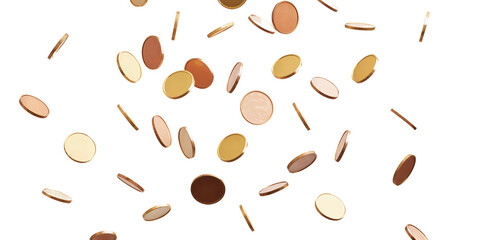 Scattered Copper Coins Falling on White Background