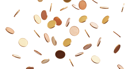 Scattered Copper Coins Falling on White Background