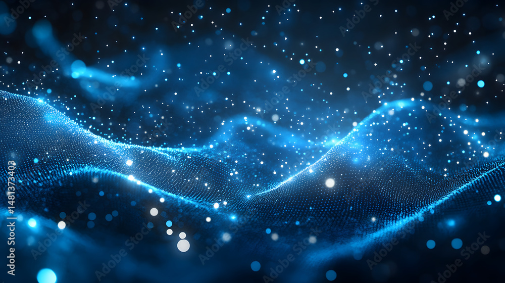 Fototapete Luminous digital landscape with blue and white dots creating a textured wave and bokeh effect. Dynamic data visualization, abstract rendering of a digital environment. Abstract wireframe in dark blue.