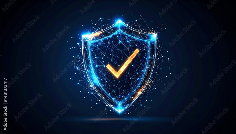 Poster a glowing digital shield with a check mark, symbolizing security and protection in a futuristic desi