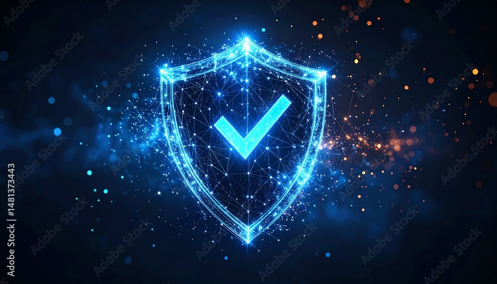 Poster a glowing digital shield with a check mark, symbolizing security and protection in a futuristic desi