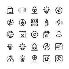 Energy saving and efficiency editable stroke outline icons set isolated on white background flat vector illustration. Alternative energy sources vector linear icons set. Ecology renewable energy .
