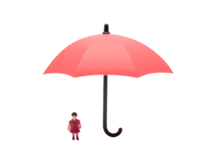 Pink Umbrella Covering Small Figure On Black Background
