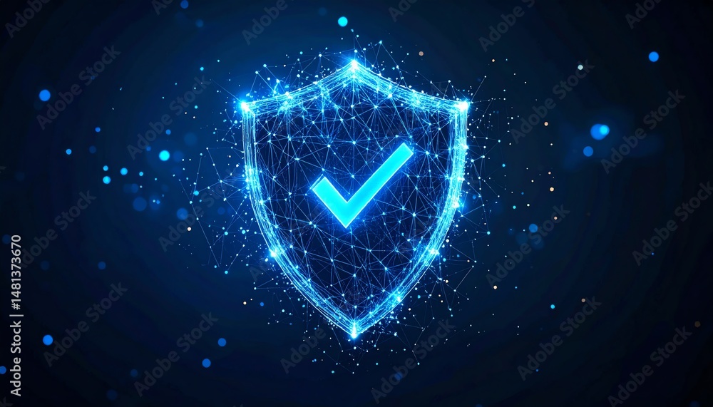 Poster a glowing digital shield with a checkmark symbolizes security and protection in a tech-oriented desi
