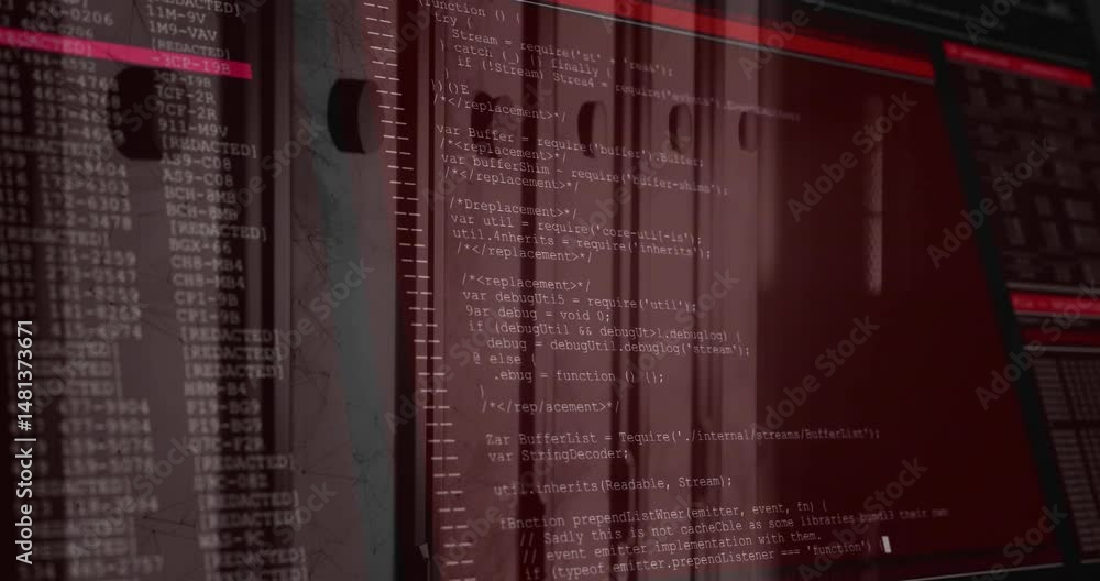 Poster Computer monitor displaying code and terminal streams, featuring red tinted editor interface