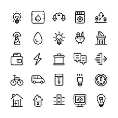 Fototapeta premium Energy saving and efficiency editable stroke outline icons set isolated on white background flat vector illustration. Alternative energy sources vector linear icons set. Ecology renewable energy .