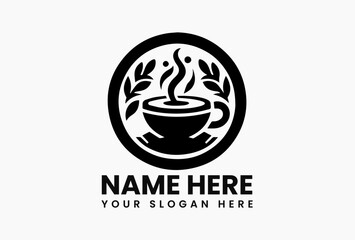 Simple black and white illustration of a steaming coffee cup with coffee bean and leaves vector logo. Beverage concept