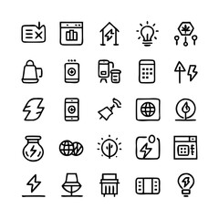 Energy saving and efficiency editable stroke outline icons set isolated on white background flat vector illustration. Alternative energy sources vector linear icons set. Ecology renewable energy .
