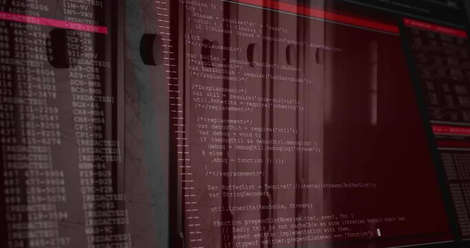 Computer monitor displaying code and terminal streams, featuring red tinted editor interface