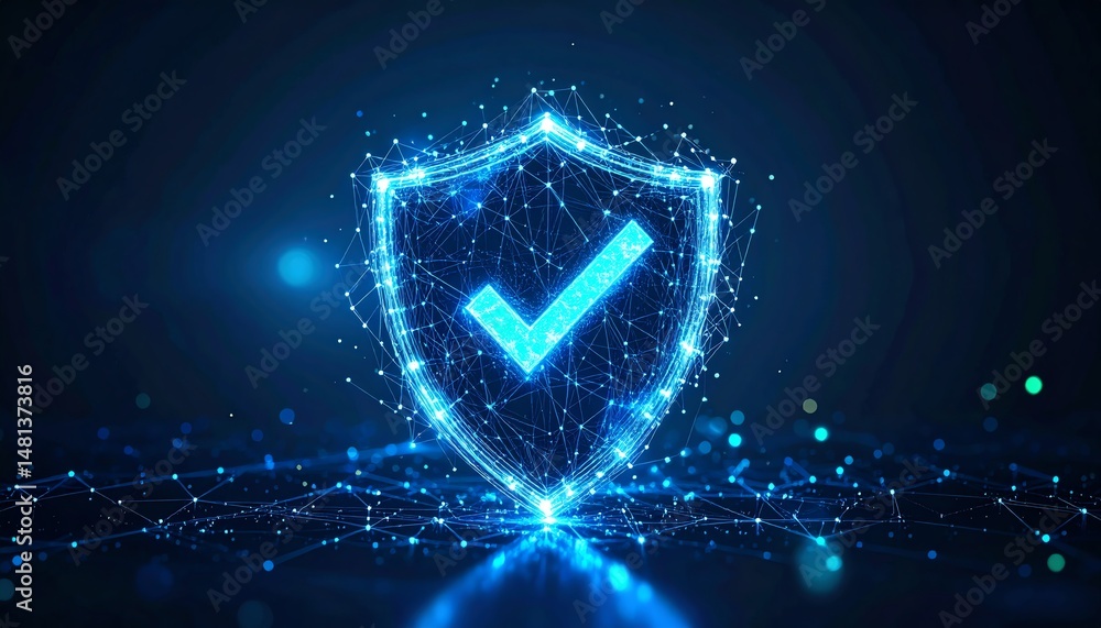 Poster a glowing shield icon with a checkmark, symbolizing security and protection in a digital context