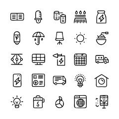 Energy saving and efficiency editable stroke outline icons set isolated on white background flat vector illustration. Alternative energy sources vector linear icons set. Ecology renewable energy .