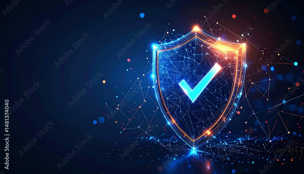 Poster a digital shield with a check mark, symbolizing security and protection in a futuristic design with 
