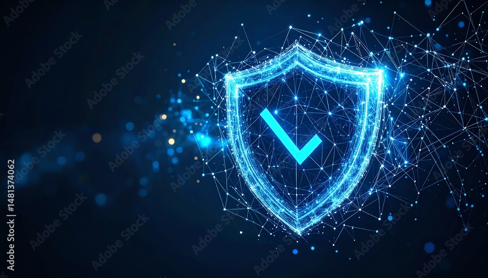 Poster a glowing digital shield symbolizing cybersecurity and protection against online threats, surrounded