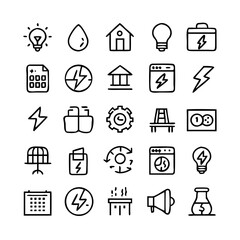 Energy saving and efficiency editable stroke outline icons set isolated on white background flat vector illustration. Alternative energy sources vector linear icons set. Ecology renewable energy .