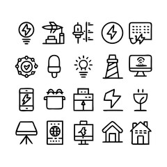 Energy saving and efficiency editable stroke outline icons set isolated on white background flat vector illustration. Alternative energy sources vector linear icons set. Ecology renewable energy .
