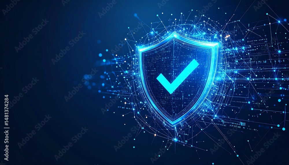 Poster a glowing digital shield with a checkmark, symbolizing cybersecurity and protection in a tech-driven