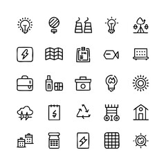 Energy saving and efficiency editable stroke outline icons set isolated on white background flat vector illustration. Alternative energy sources vector linear icons set. Ecology renewable energy .