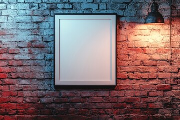 Blank framed poster on a brick wall, lit by warm and cool toned light