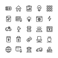 Energy saving and efficiency editable stroke outline icons set isolated on white background flat vector illustration. Alternative energy sources vector linear icons set. Ecology renewable energy .