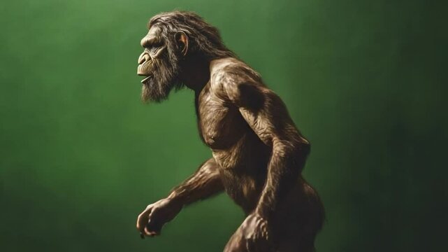 Homo erectus Reconstruction: A detailed reconstruction of Homo erectus, an extinct hominin species, stands against a muted green background, showcasing its anatomy and posture. 